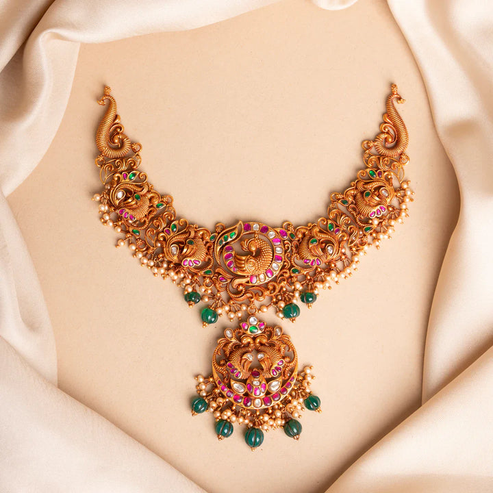Pure 92.5 Silver, Gold Plated ChandraMayura Short Necklace