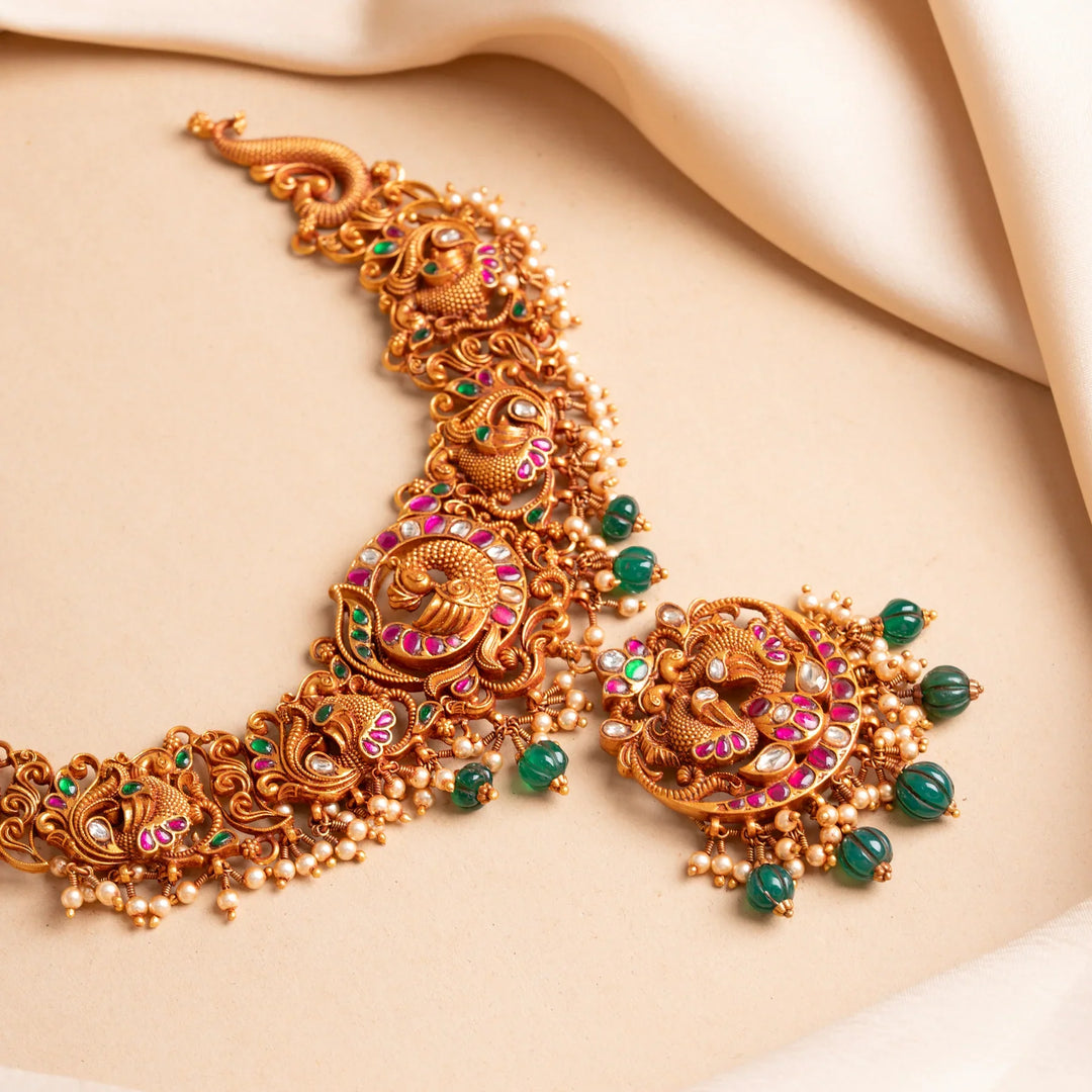 Pure 92.5 Silver, Gold Plated ChandraMayura Short Necklace