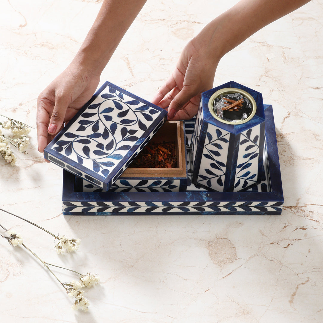Artistic Bakhoor Set with Incense Holder, Storage and Multipurpose tray - Indigo