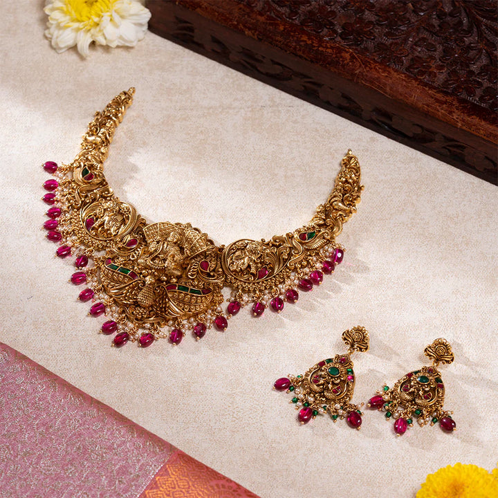 Stunning 92.5 Silver, Gold Plated Suvarna Kalasha Lakshmi Necklace Set