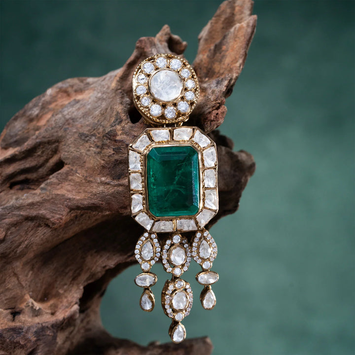 Pure 92.5 Silver,Gold Plated Portrait in Green Danglers