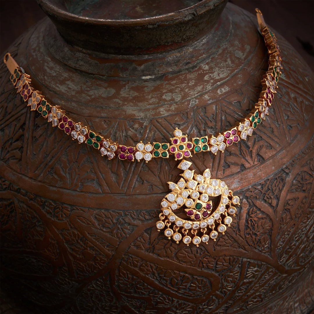 Stunning 92.5 Silver, Gold Plated Utsav Kamal Short Necklace