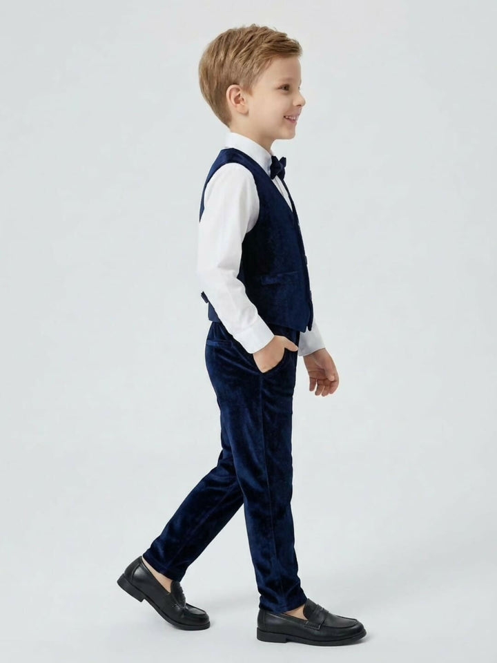 Boys Formal Blue Waistcoat Suit Set with Shirt, Trousers and Bow Tie | SHOBITAM