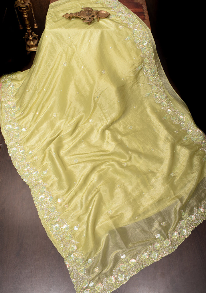 Crinkled Moss Organza  Tea Green Saree with Sequined Borders