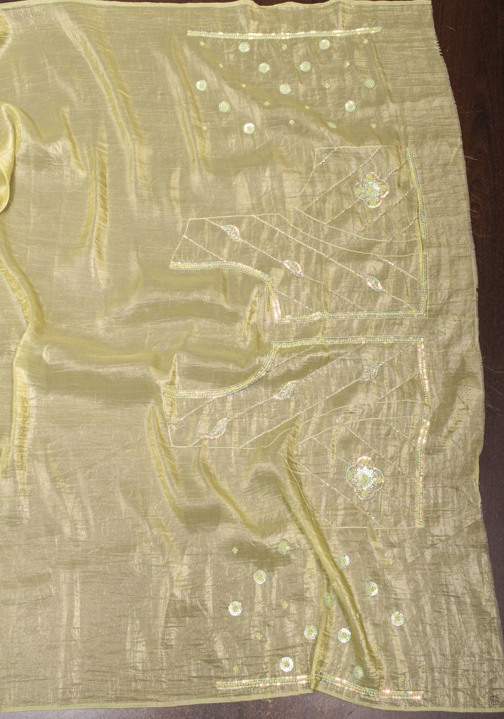 Crinkled Moss Organza  Tea Green Saree with Sequined Borders