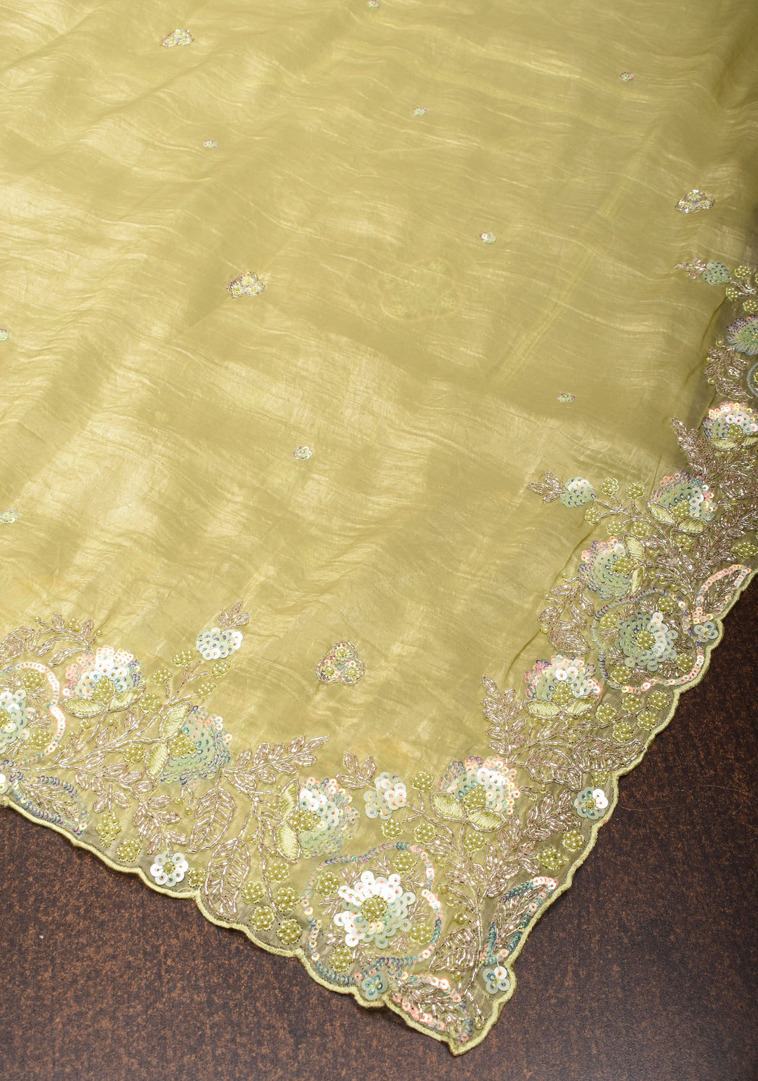 Crinkled Moss Organza  Tea Green Saree with Sequined Borders