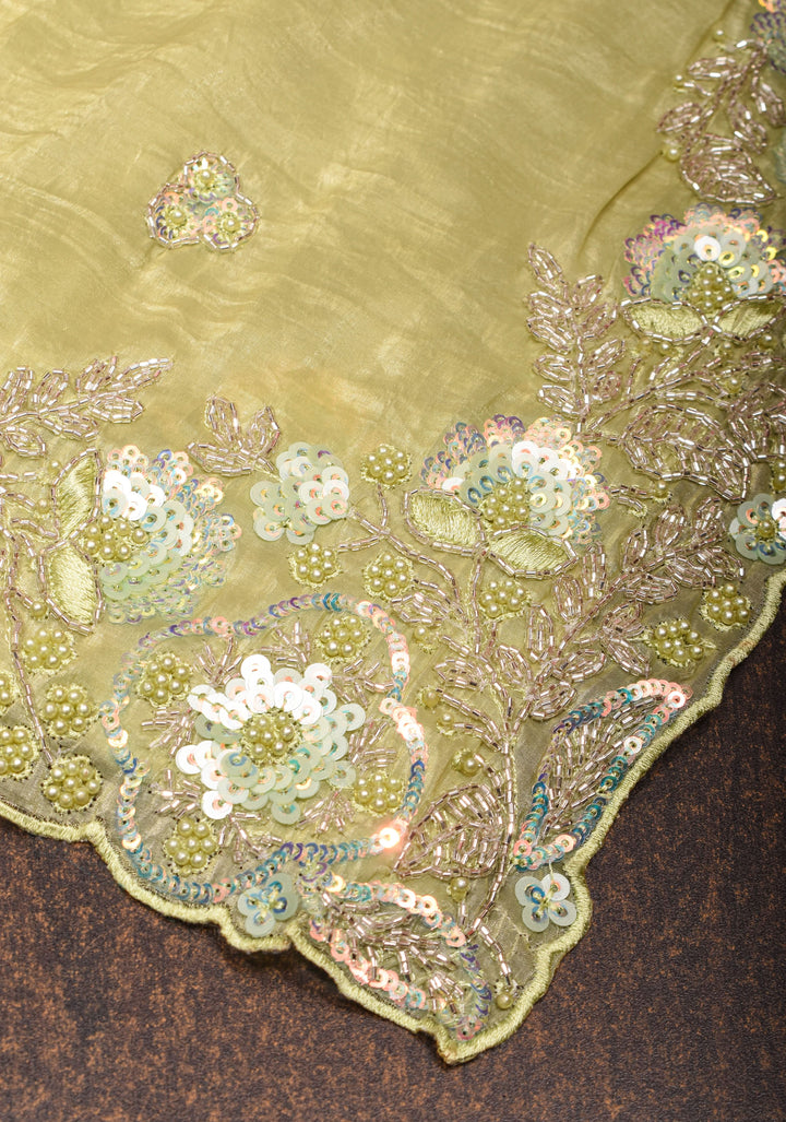 Crinkled Moss Organza  Tea Green Saree with Sequined Borders