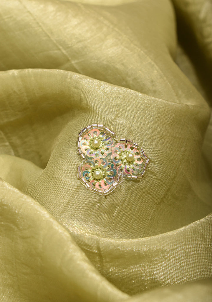 Crinkled Moss Organza  Tea Green Saree with Sequined Borders