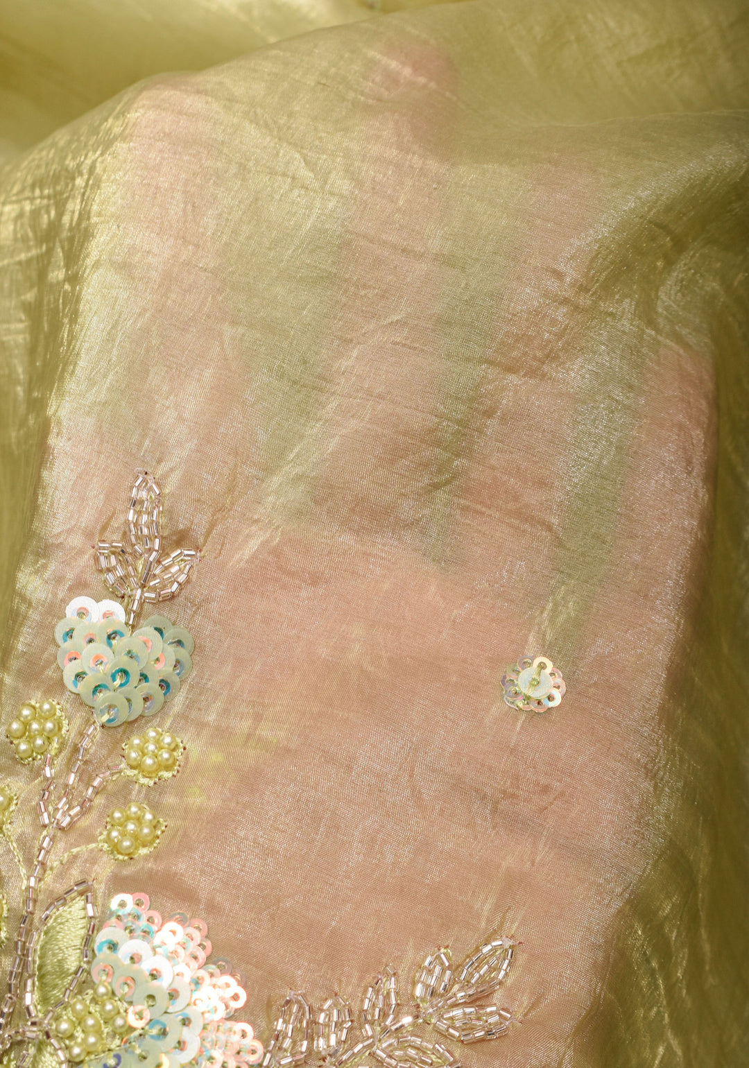 Crinkled Moss Organza  Tea Green Saree with Sequined Borders