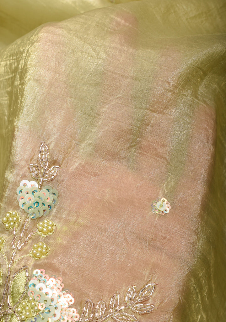 Crinkled Moss Organza  Tea Green Saree with Sequined Borders