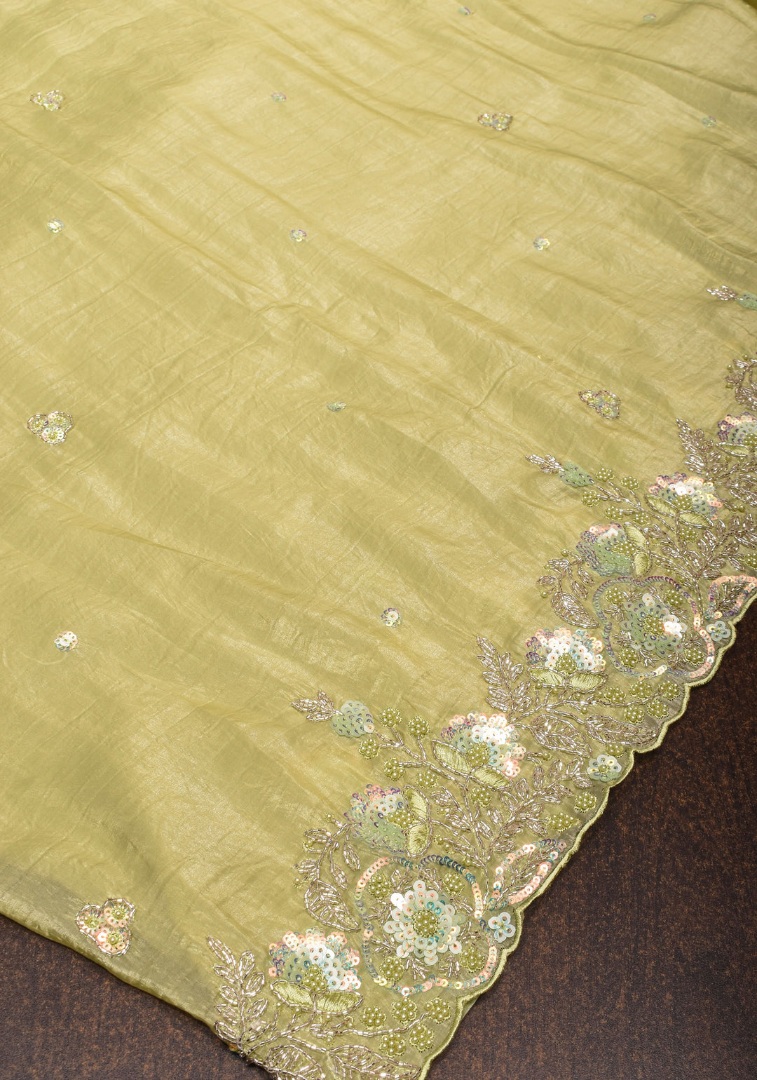 Crinkled Moss Organza  Tea Green Saree with Sequined Borders