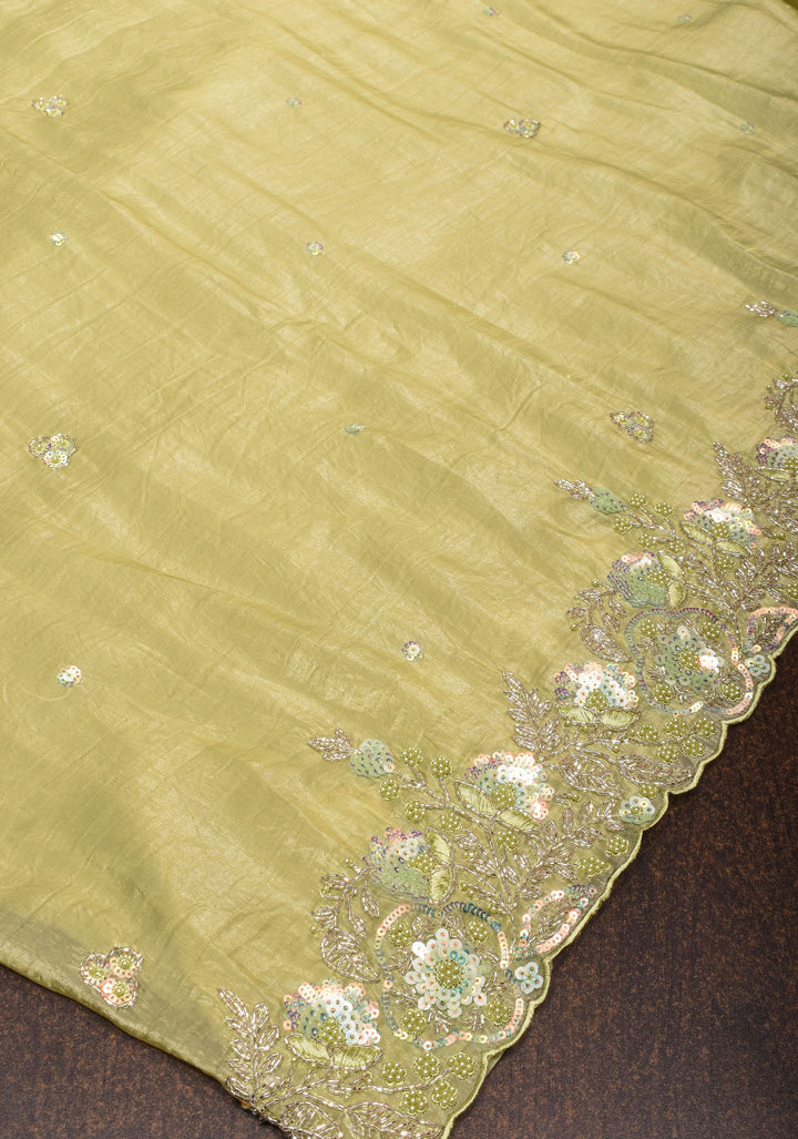 Crinkled Moss Organza  Tea Green Saree with Sequined Borders