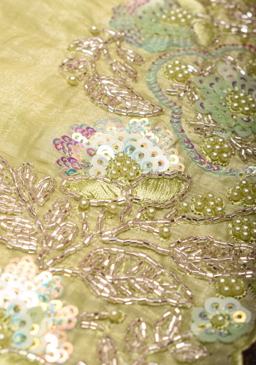 Crinkled Moss Organza  Tea Green Saree with Sequined Borders