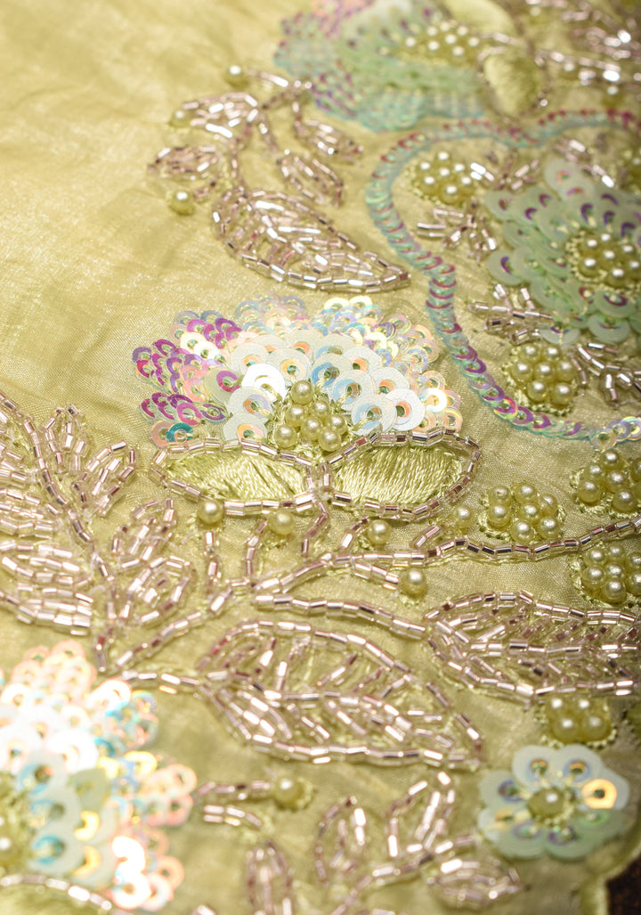 Crinkled Moss Organza  Tea Green Saree with Sequined Borders