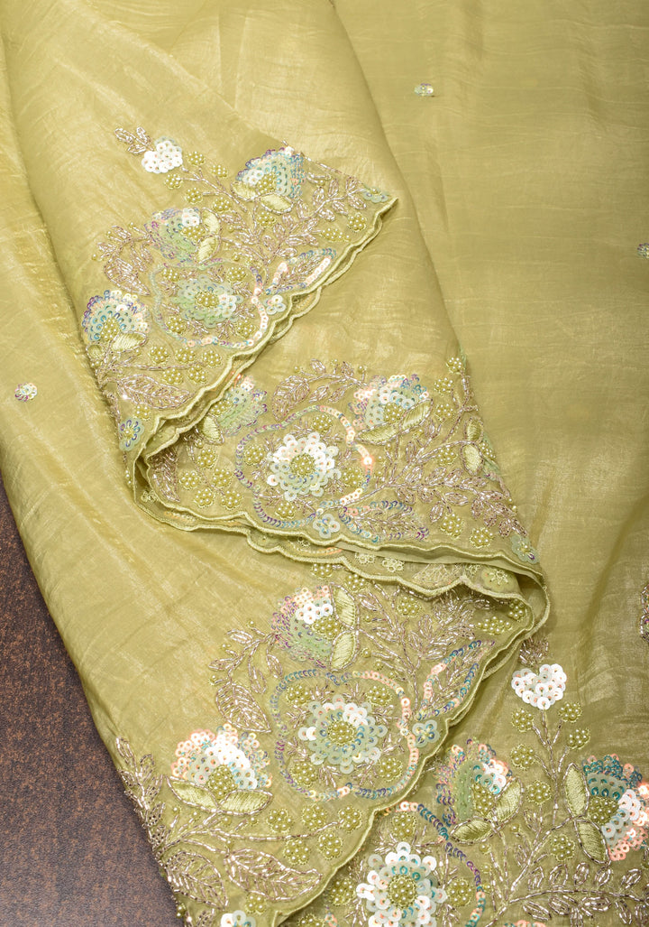 Crinkled Moss Organza  Tea Green Saree with Sequined Borders