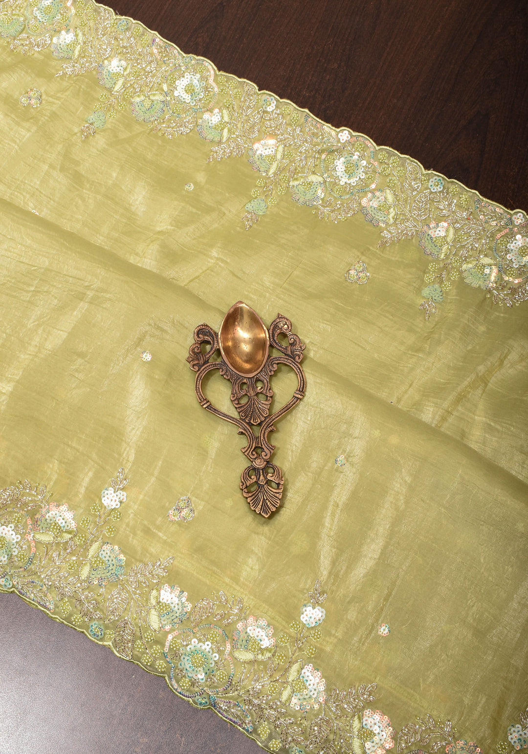 Crinkled Moss Organza  Tea Green Saree with Sequined Borders