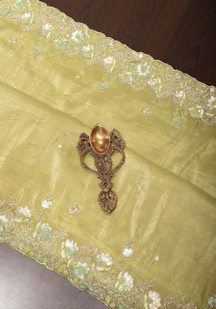 Crinkled Moss Organza  Tea Green Saree with Sequined Borders