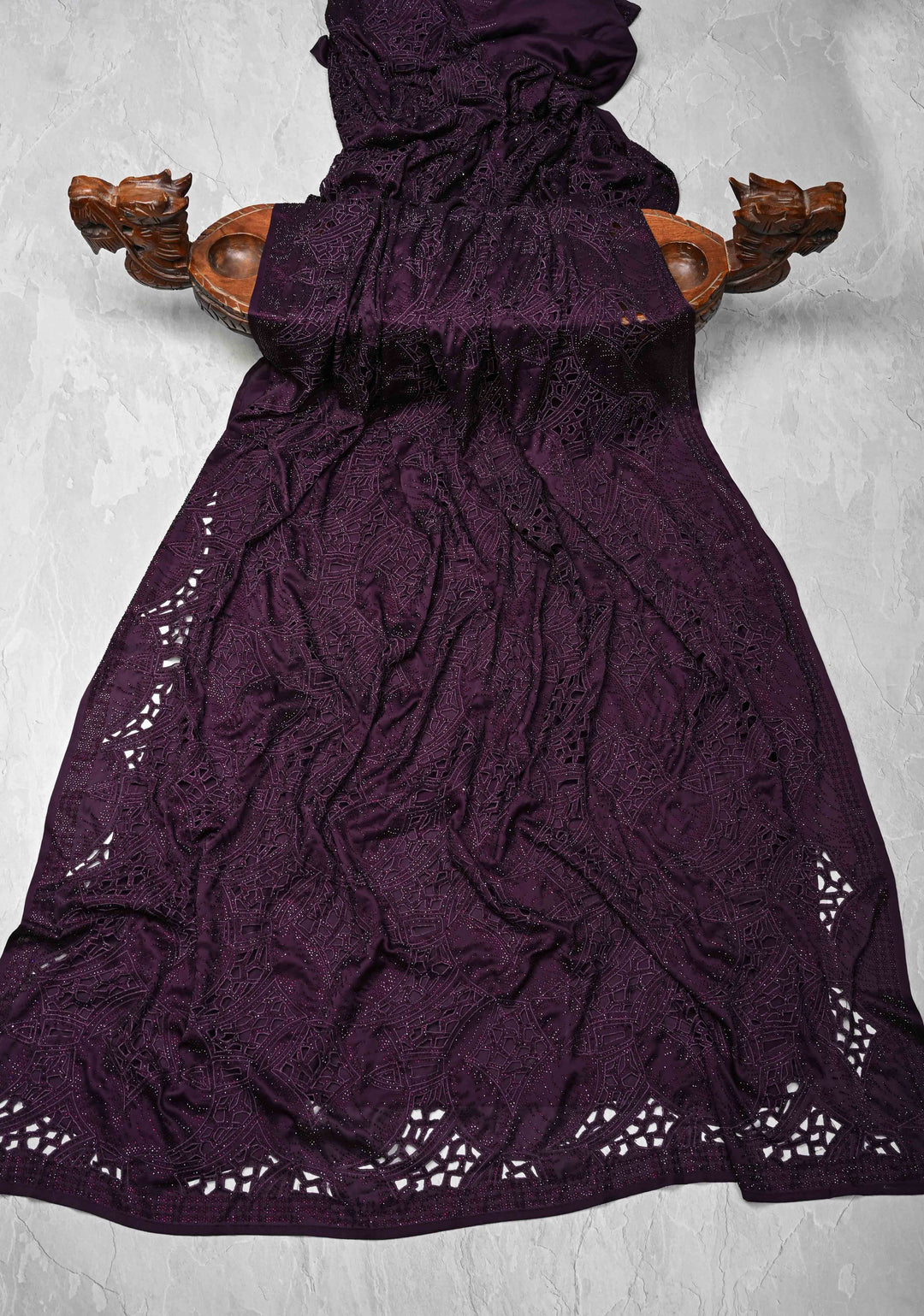 Wine Satin Machine Cutwork Saree and Tone on Tone Powder Stones work