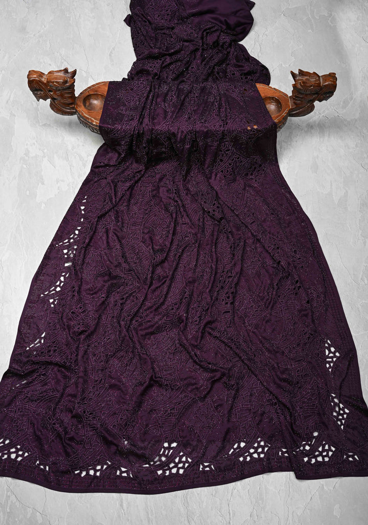 Wine Satin Machine Cutwork Saree and Tone on Tone Powder Stones work