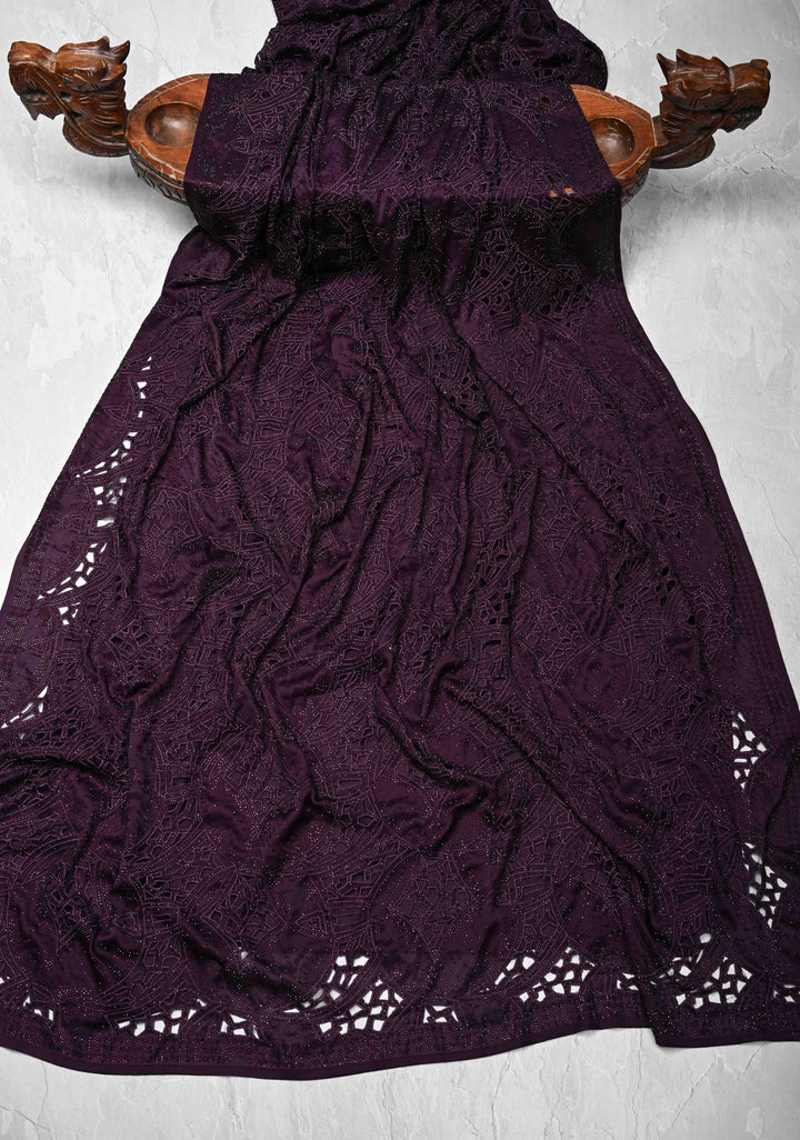 Wine Satin Machine Cutwork Saree and Tone on Tone Powder Stones work