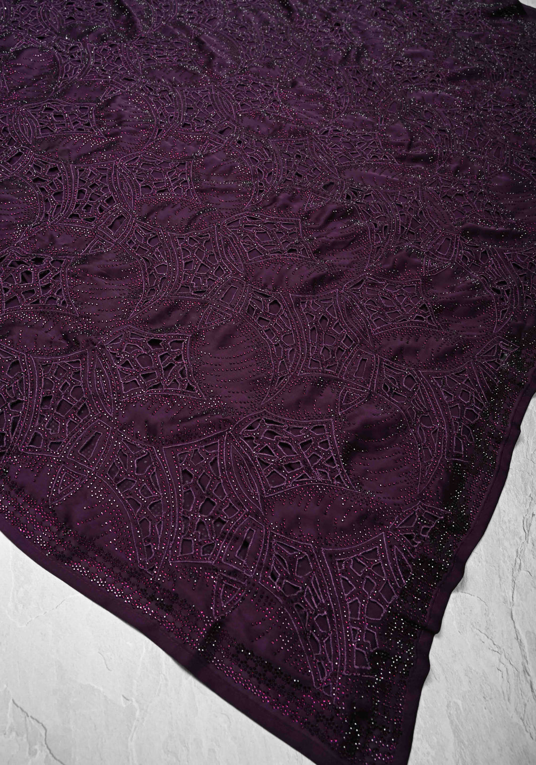 Wine Satin Machine Cutwork Saree and Tone on Tone Powder Stones work