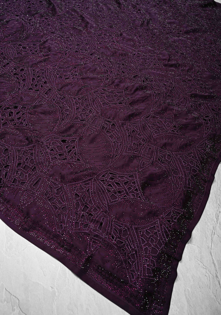 Wine Satin Machine Cutwork Saree and Tone on Tone Powder Stones work