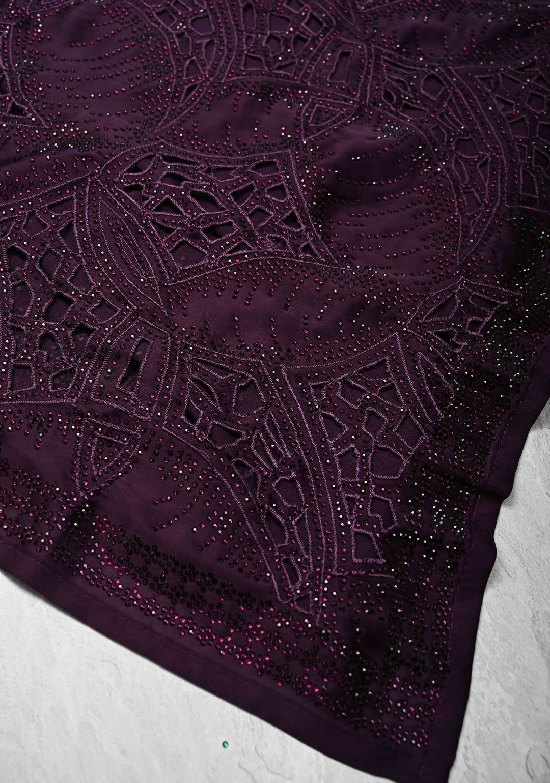Wine Satin Machine Cutwork Saree and Tone on Tone Powder Stones work