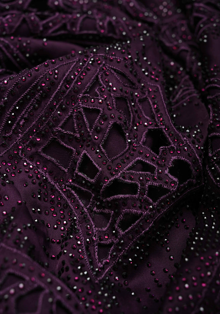 Wine Satin Machine Cutwork Saree and Tone on Tone Powder Stones work