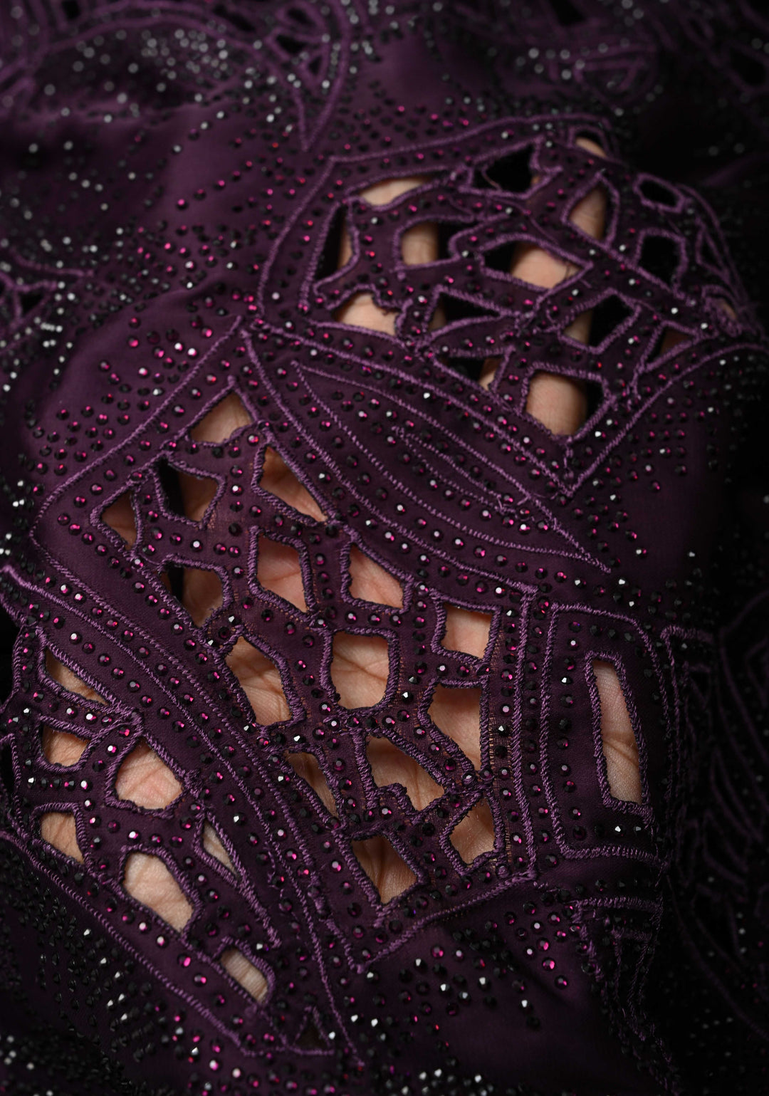 Wine Satin Machine Cutwork Saree and Tone on Tone Powder Stones work