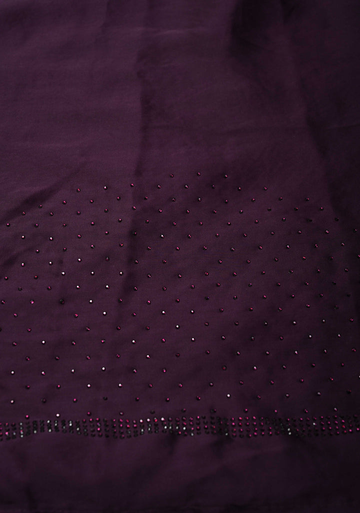 Wine Satin Machine Cutwork Saree and Tone on Tone Powder Stones work