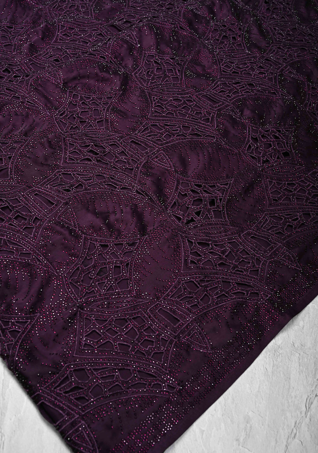 Wine Satin Machine Cutwork Saree and Tone on Tone Powder Stones work