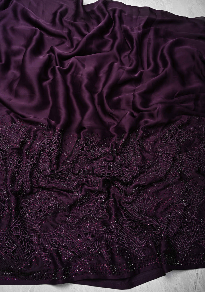 Wine Satin Machine Cutwork Saree and Tone on Tone Powder Stones work