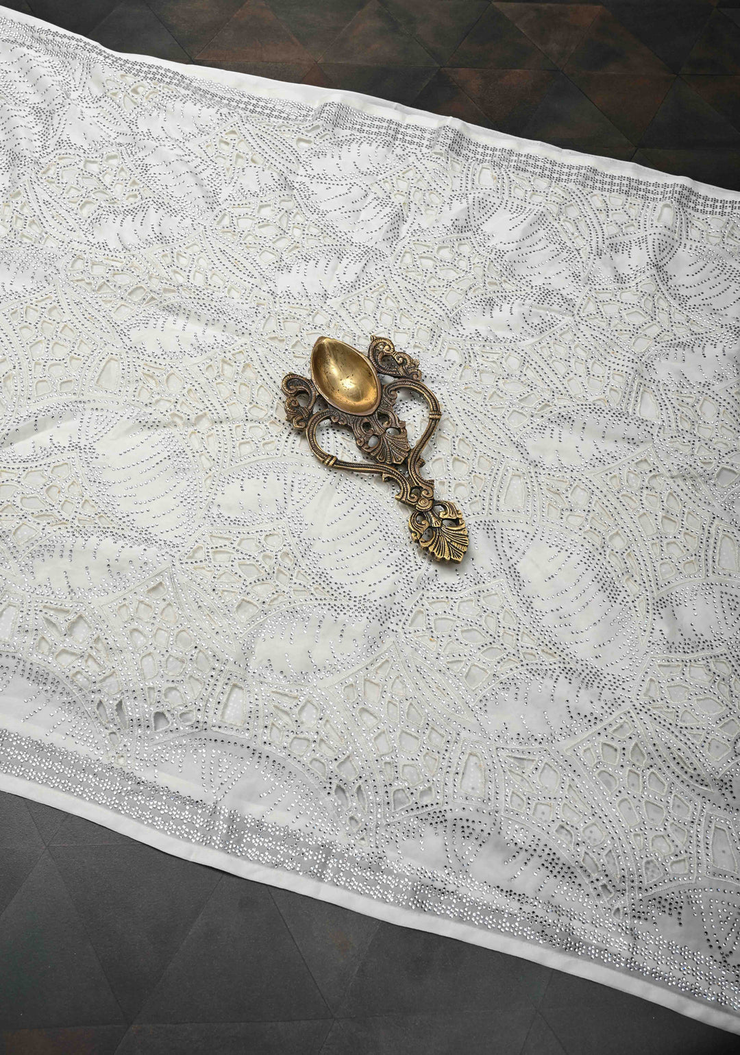 Ivory Satin Machine Cutwork Saree and Tone on Tone Powder Stones work | SHOBITAM