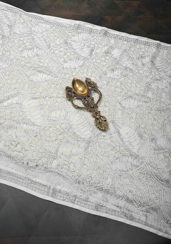 Ivory Satin Machine Cutwork Saree and Tone on Tone Powder Stones work | SHOBITAM