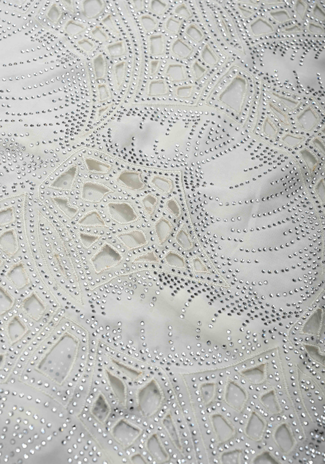 Ivory Satin Machine Cutwork Saree and Tone on Tone Powder Stones work