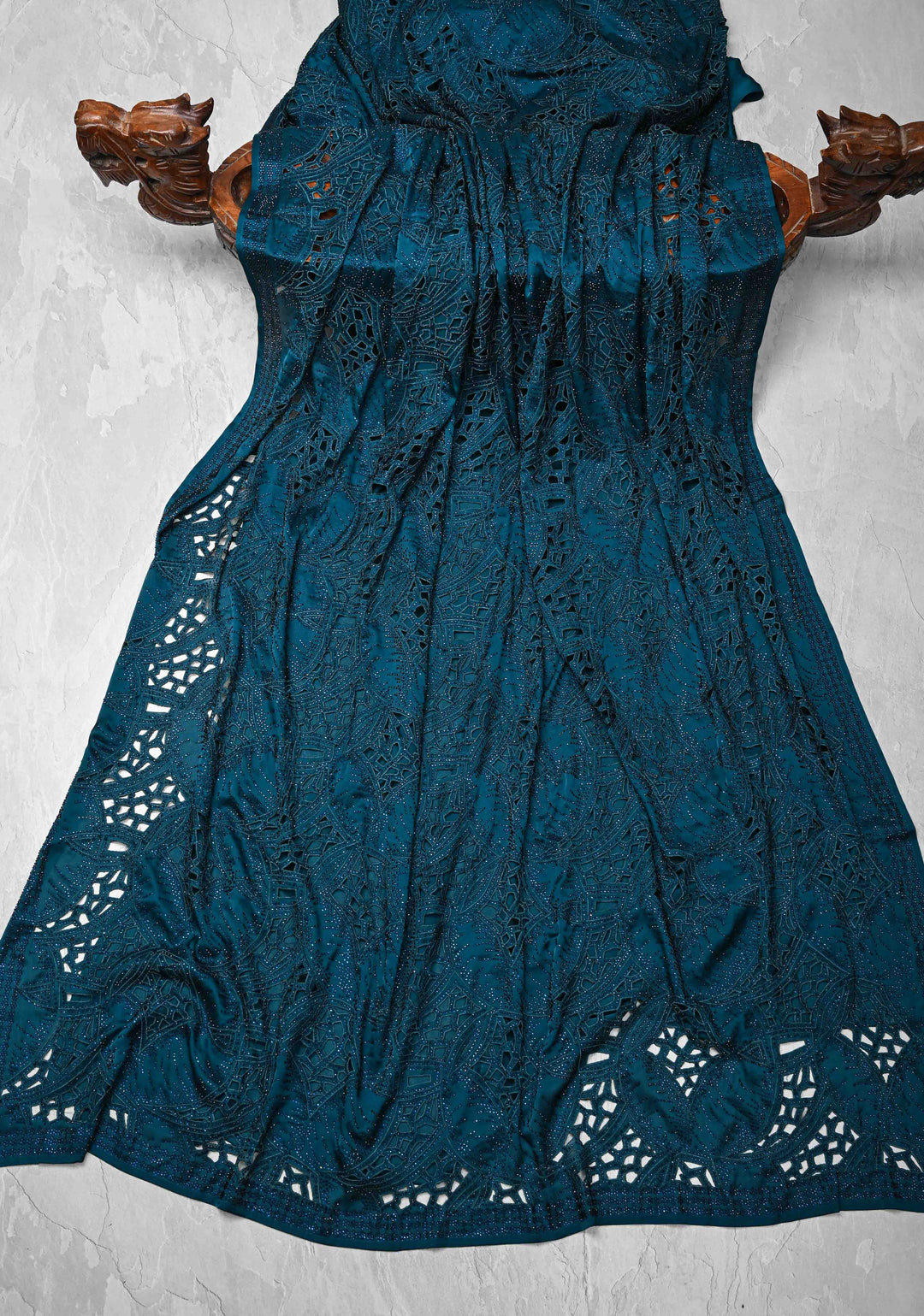 Peacock Blue Satin Machine Cutwork Saree and Tone on Tone Powder Stones work