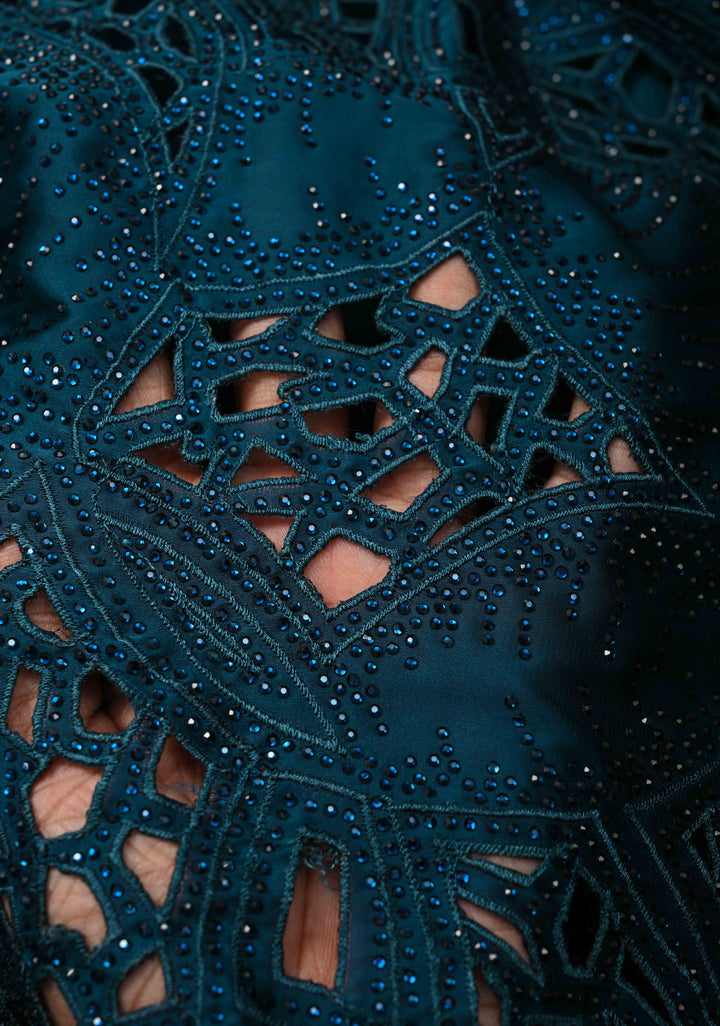 Peacock Blue Satin Machine Cutwork Saree and Tone on Tone Powder Stones work