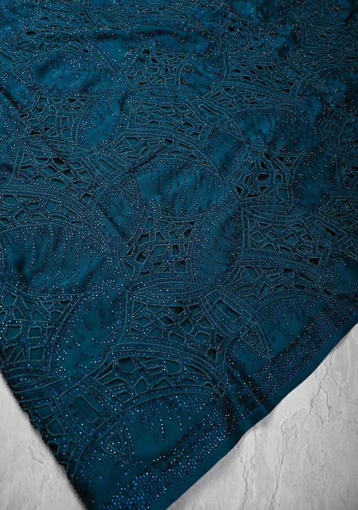 Peacock Blue Satin Machine Cutwork Saree and Tone on Tone Powder Stones work