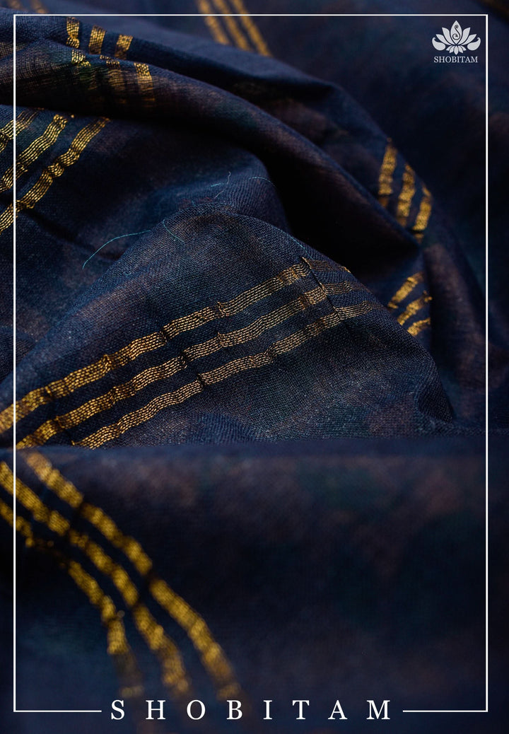 Beige and Midnight Blue Madurai Cotton Saree with Zari Checks | Shobitam Saree