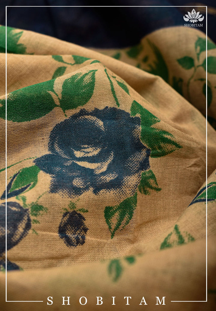 Beige and Midnight Blue Madurai Cotton Saree with Zari Checks | Shobitam Saree