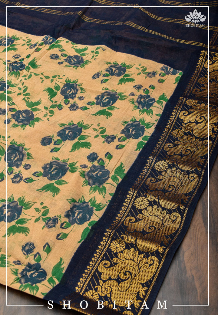 Beige and Midnight Blue Madurai Cotton Saree with Zari Checks | Shobitam Saree
