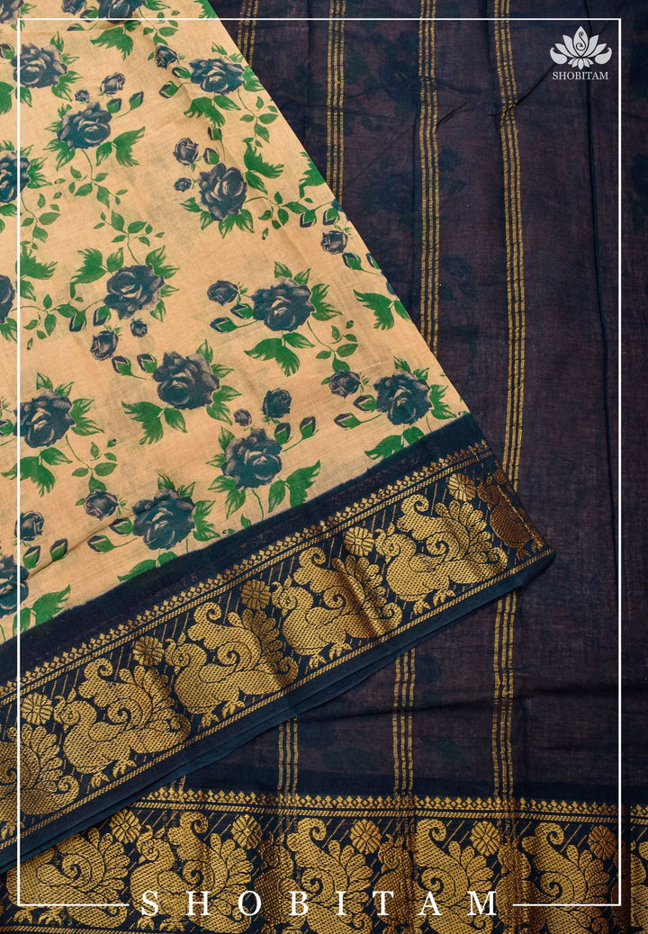 Beige and Midnight Blue Madurai Cotton Saree with Zari Checks | Shobitam Saree