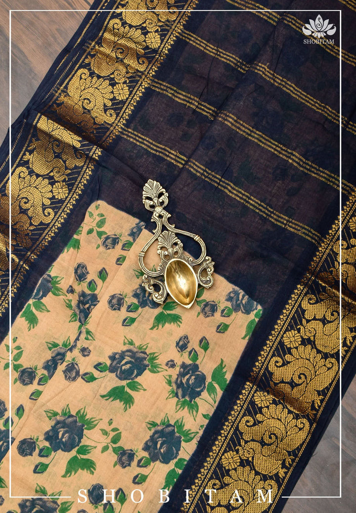 Beige and Midnight Blue Madurai Cotton Saree with Zari Checks | Shobitam Saree