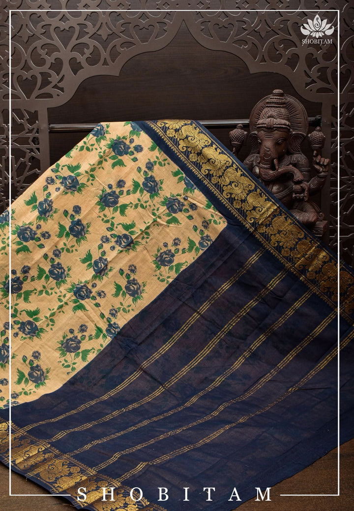 Beige and Midnight Blue Madurai Cotton Saree with Zari Checks | Shobitam Saree