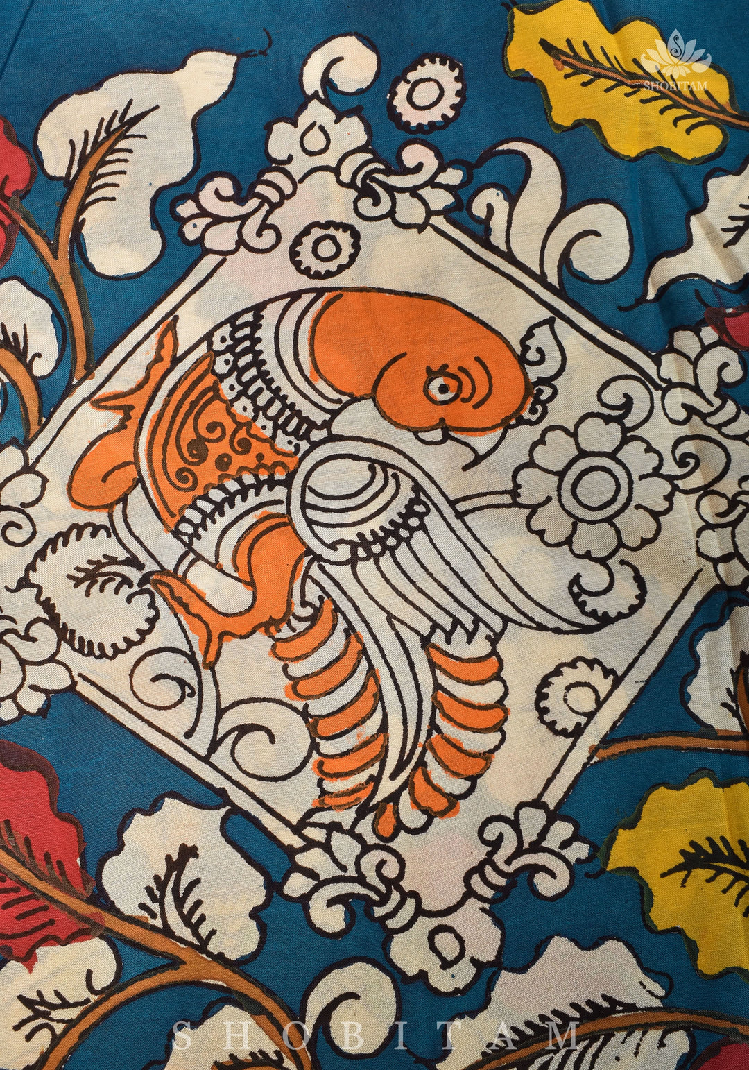 Hand painted kalamkari on Chennuri silk Saree in Prussian Blue | SHOBITAM