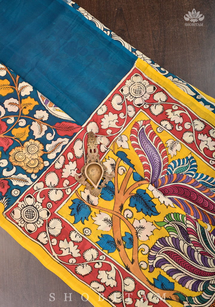 Hand painted kalamkari on Chennuri silk Saree in Prussian Blue | SHOBITAM
