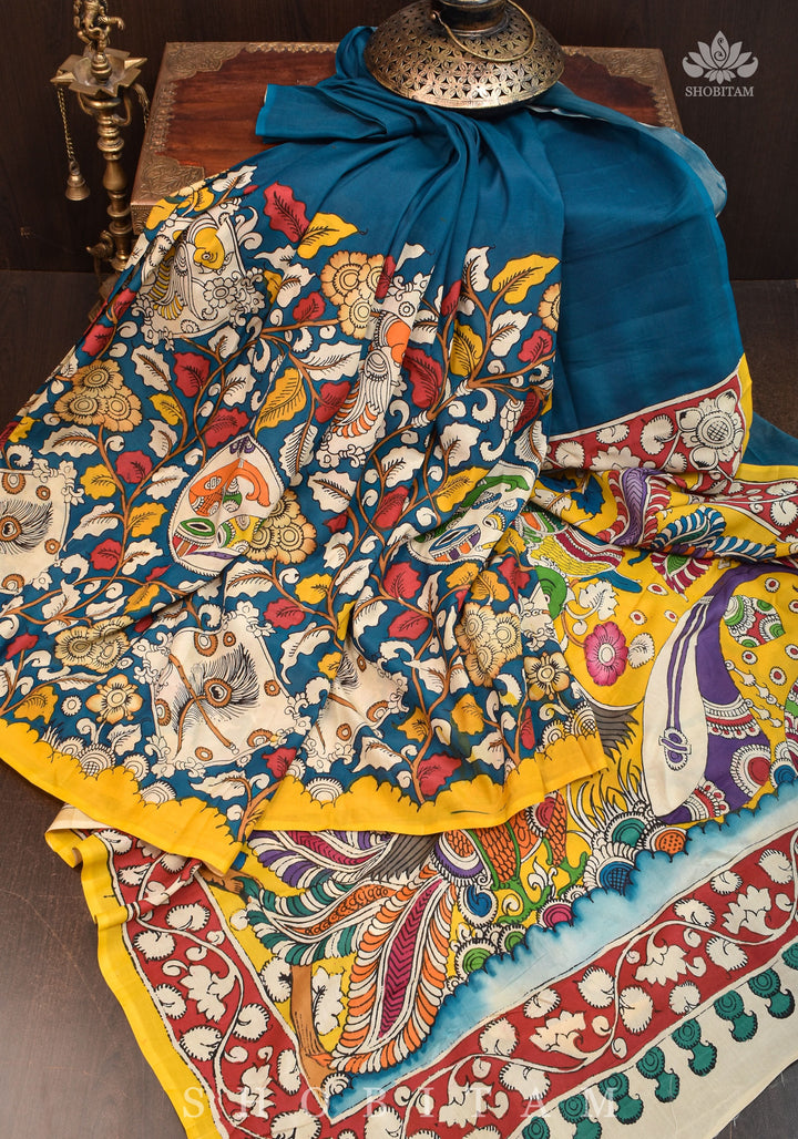 Hand painted kalamkari on Chennuri silk Saree in Prussian Blue | SHOBITAM