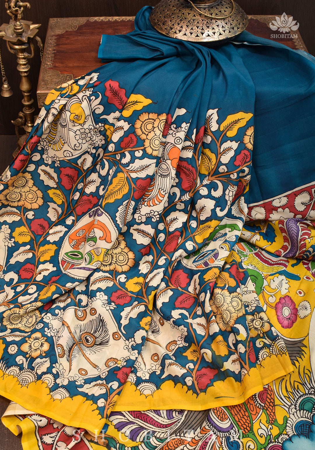 Hand painted kalamkari on Chennuri silk Saree in Prussian Blue | SHOBITAM