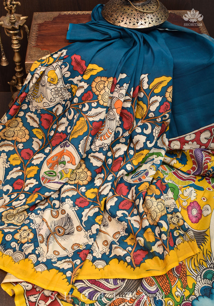 Hand painted kalamkari on Chennuri silk Saree in Prussian Blue | SHOBITAM