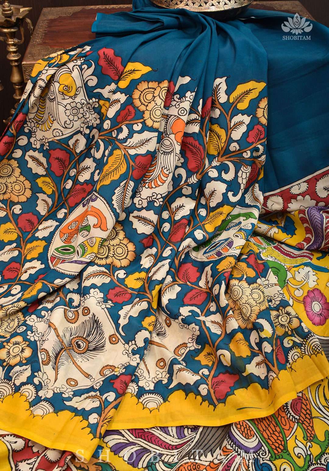 Hand painted kalamkari on Chennuri silk Saree in Prussian Blue | SHOBITAM